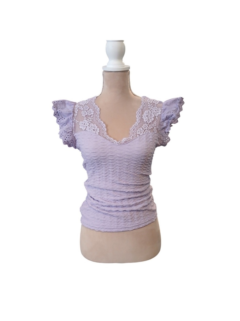 SHEIN Lace V-Neck Flutter Sleeve Top in Lavender